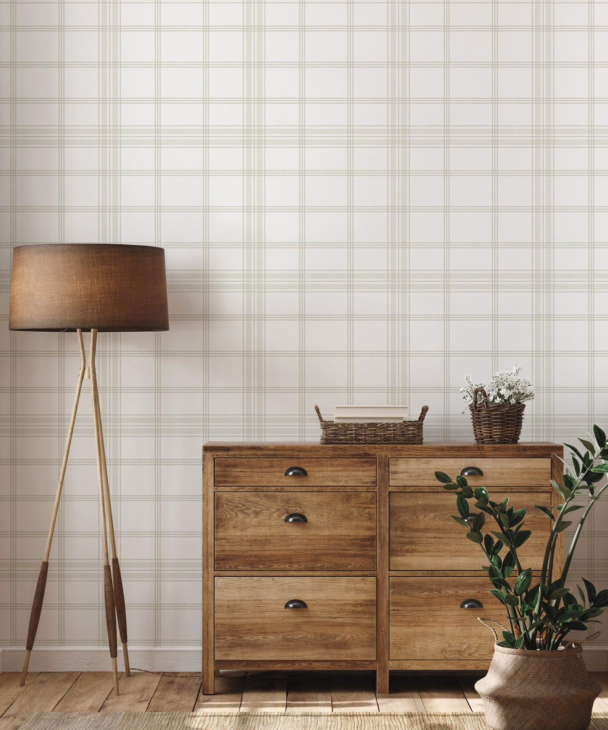 Charter Plaid Off White Wallpaper with Windowpane Plaid Pattern, Sure Strip Prepasted - York CV4466