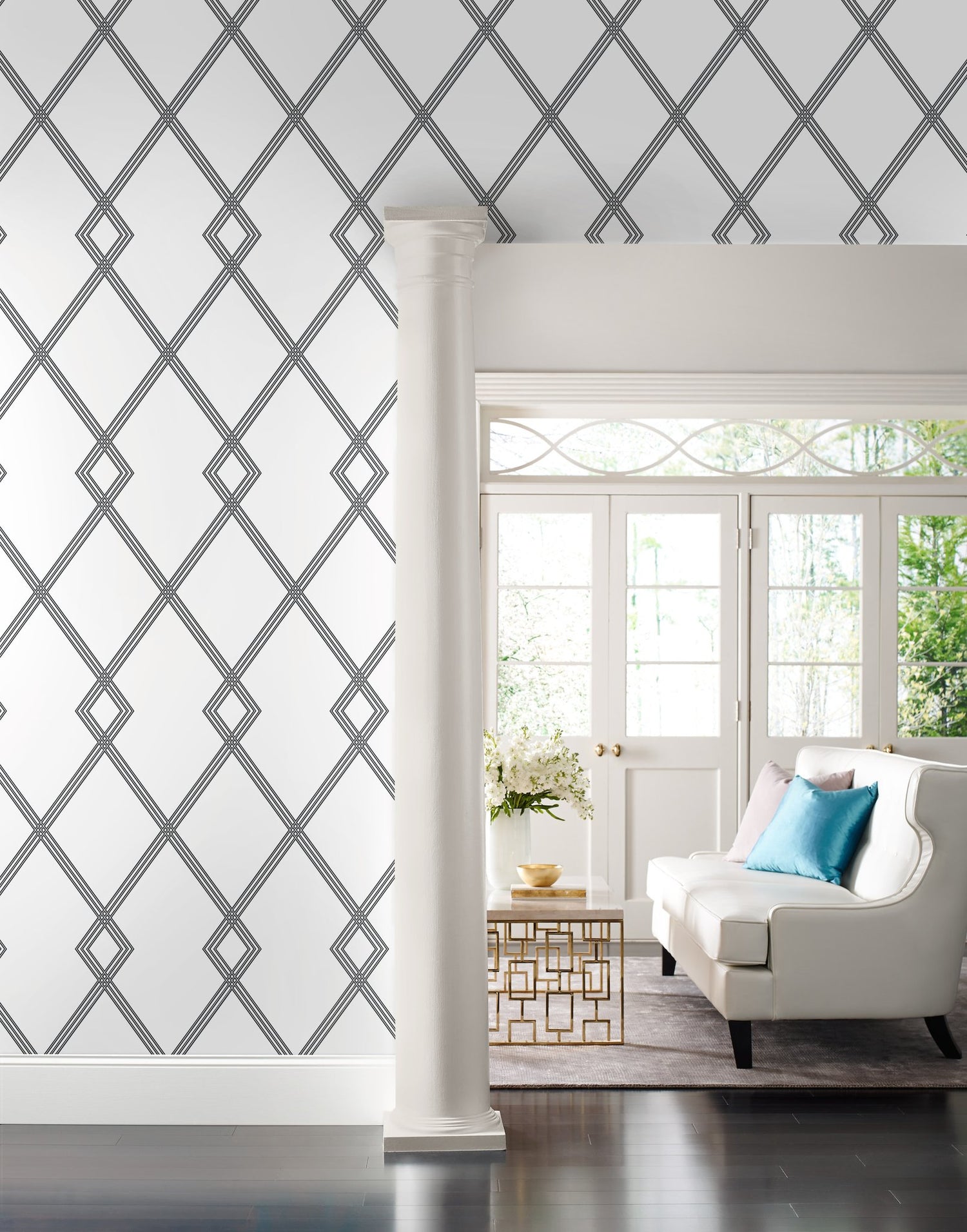 Ribbon Stripe Trellis White & Black Wallpaper with Graphic Lattice Pattern - York CY1509