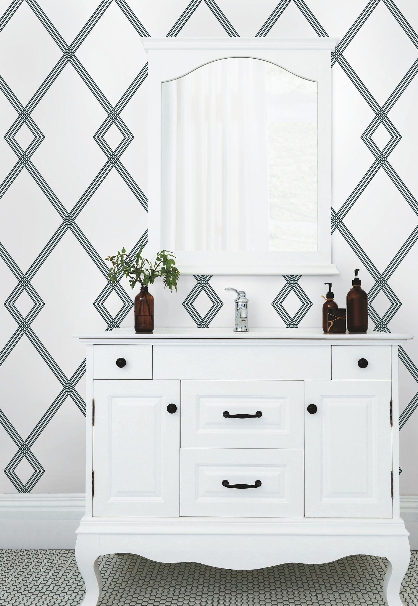Ribbon Stripe Trellis White & Black Wallpaper with Graphic Lattice Pattern - York CY1509