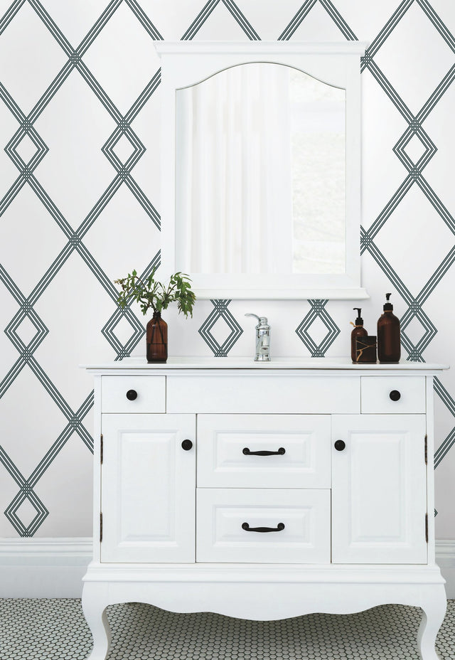 Ribbon Stripe Trellis White & Black Wallpaper with Graphic Lattice Pattern - York CY1509
