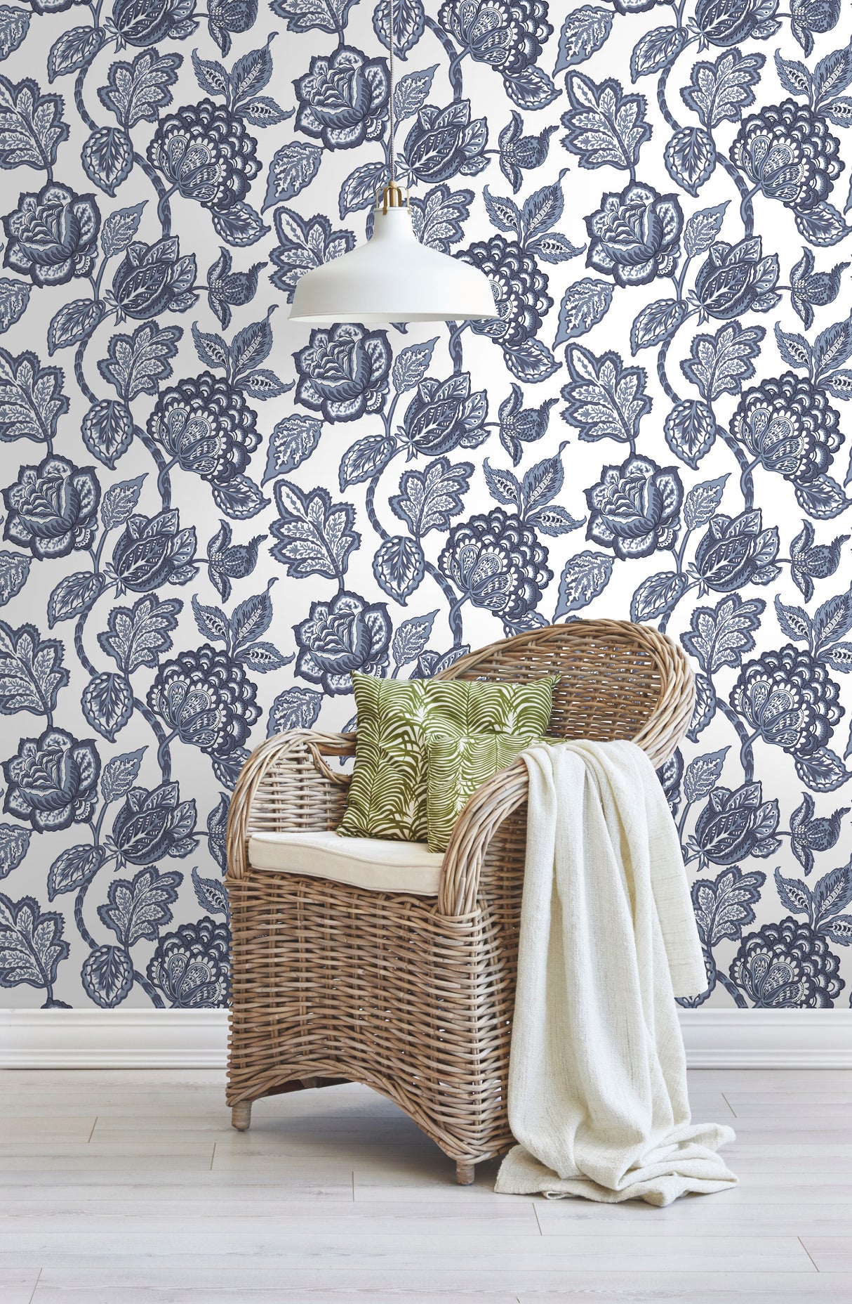 Midsummer Jacobean White and Blue by York Wallcoverings Prepasted SureStrip Non Woven Hybrid Large-Scale Botanical Wallpaper - CY1535