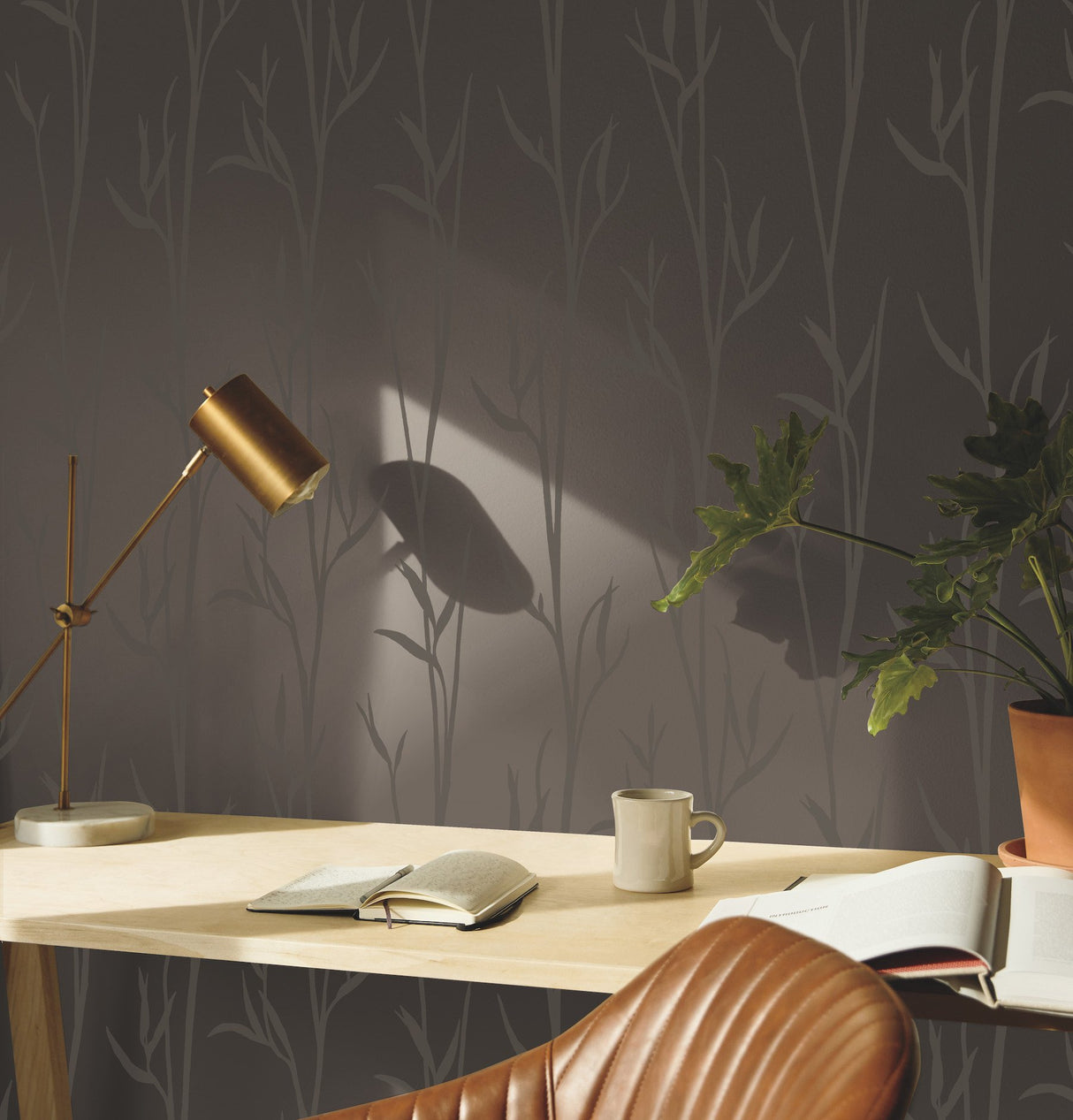 Matcha Brown Wallpaper with Botanical Bamboo Motif - York DA3509N