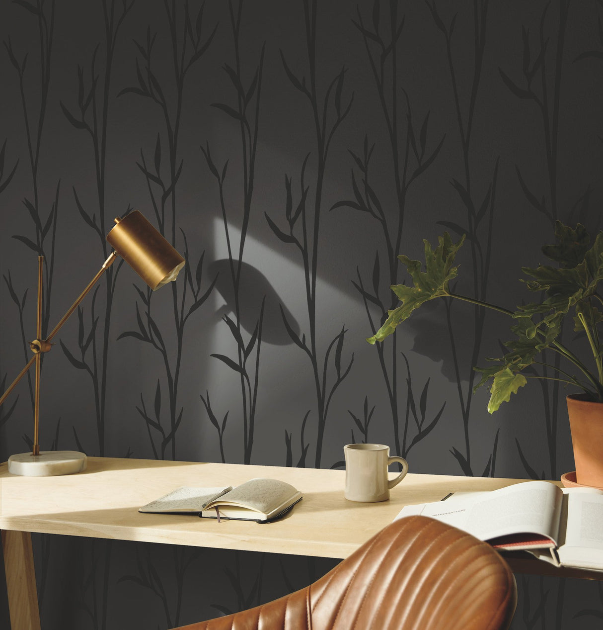 Matcha Black Wallpaper with Botanical Bamboo Silhouette - York DA3511N