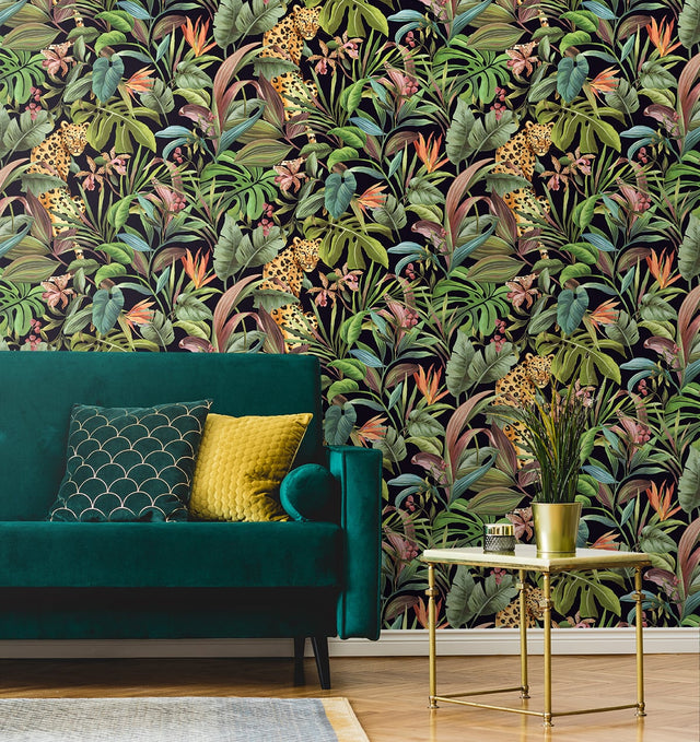 Tropical Leopard Gloss Black by Daisy Bennett Peel and Stick Animal Print Wallpaper – Daisy Bennett Designs DB20100