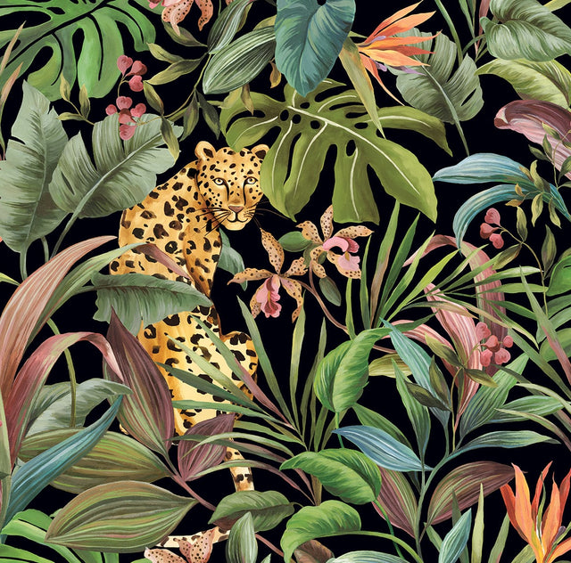 Tropical Leopard peel and stick wallpaper in gloss black featuring leopards and lush tropical foliage