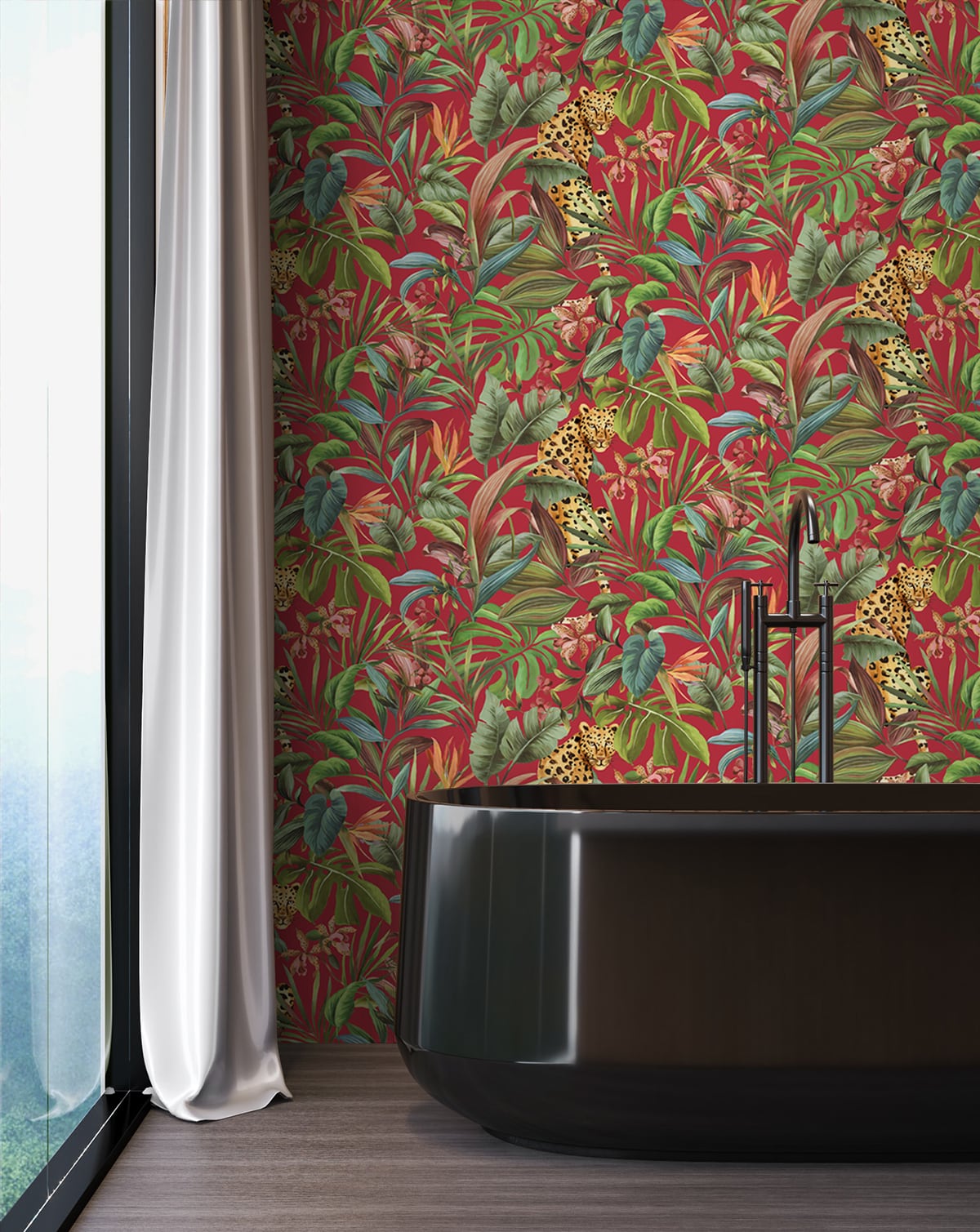 Tropical Leopard Gloss Red by Daisy Bennett Peel and Stick Animal Print Peel & Stick Wallpaper – Daisy Bennett Designs DB20101