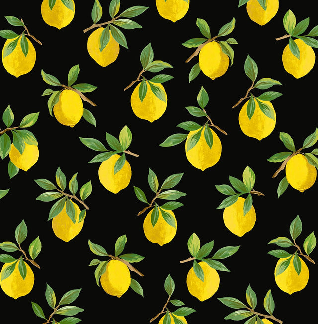 Black peel and stick wallpaper with yellow lemons and green leaves (Lemoncello pattern).
