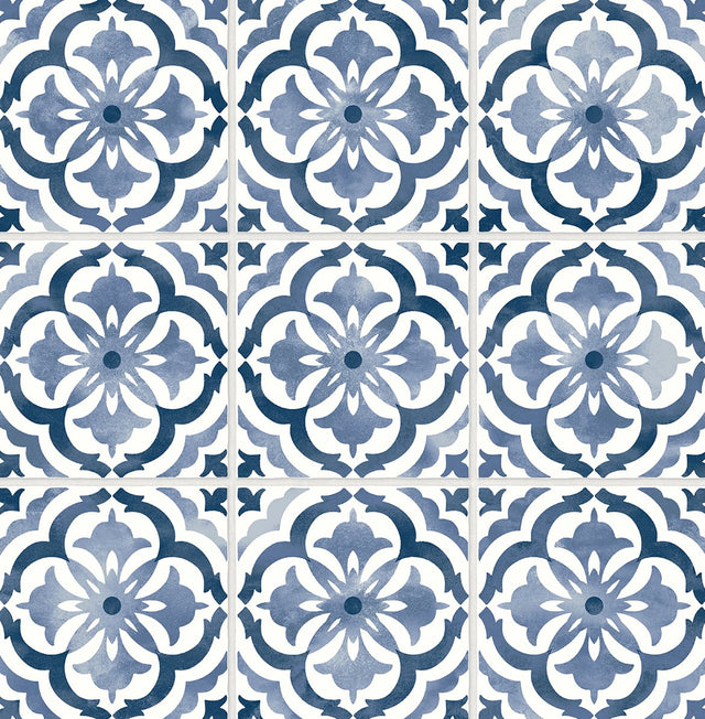 Sorento Tile navy peel and stick wallpaper with decorative tile motif