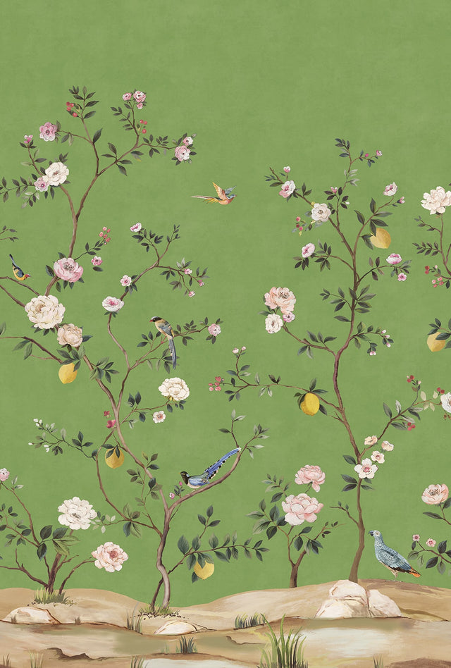 Green chinoiserie-style peel and stick wall mural with flowering branches, birds, and fruit accents.