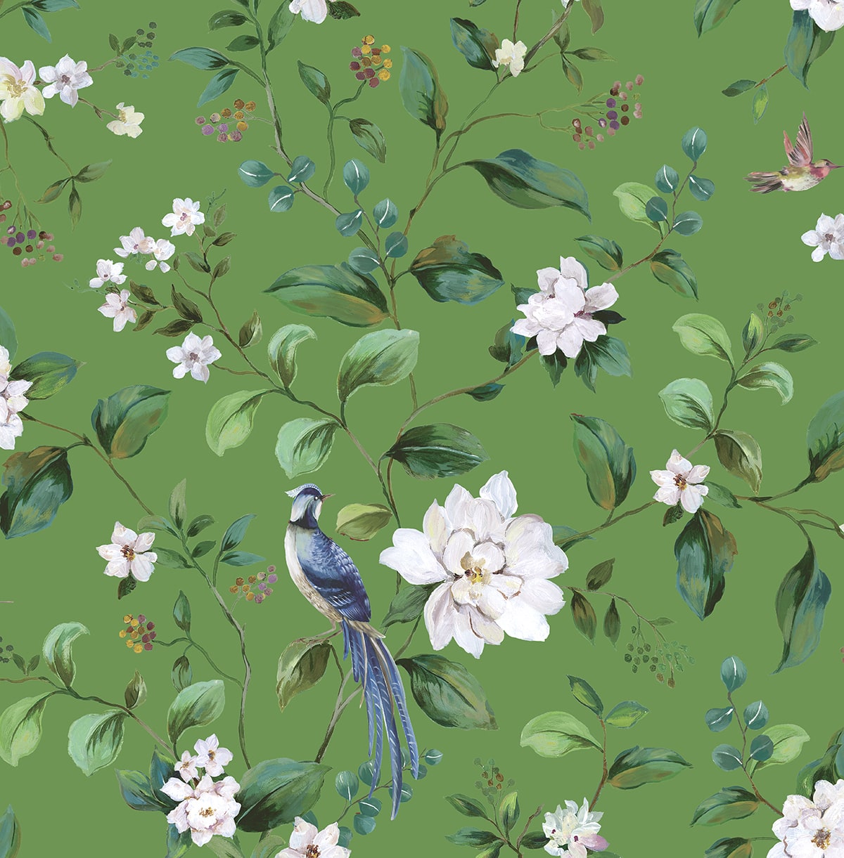 Chinoiserie Bird Vine green peel and stick wallpaper with hand-painted birds, blossoms, and trailing vines
