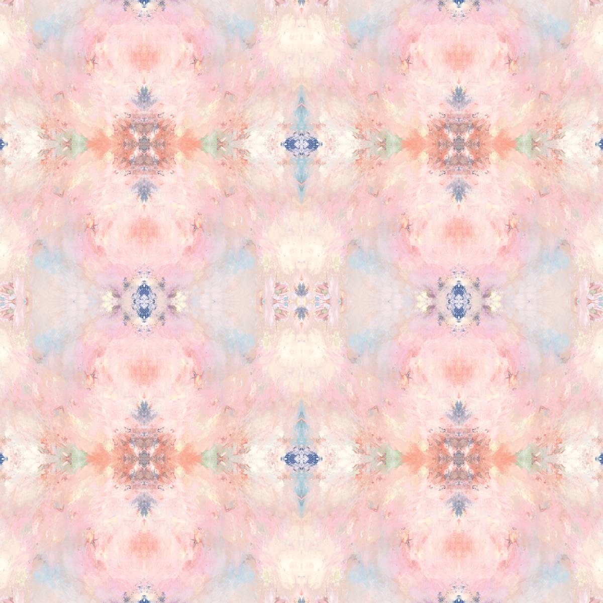 Kaleidoscope abstract wallpaper in soft pink and pastel tones with a mirrored, watercolor-like geometric motif.