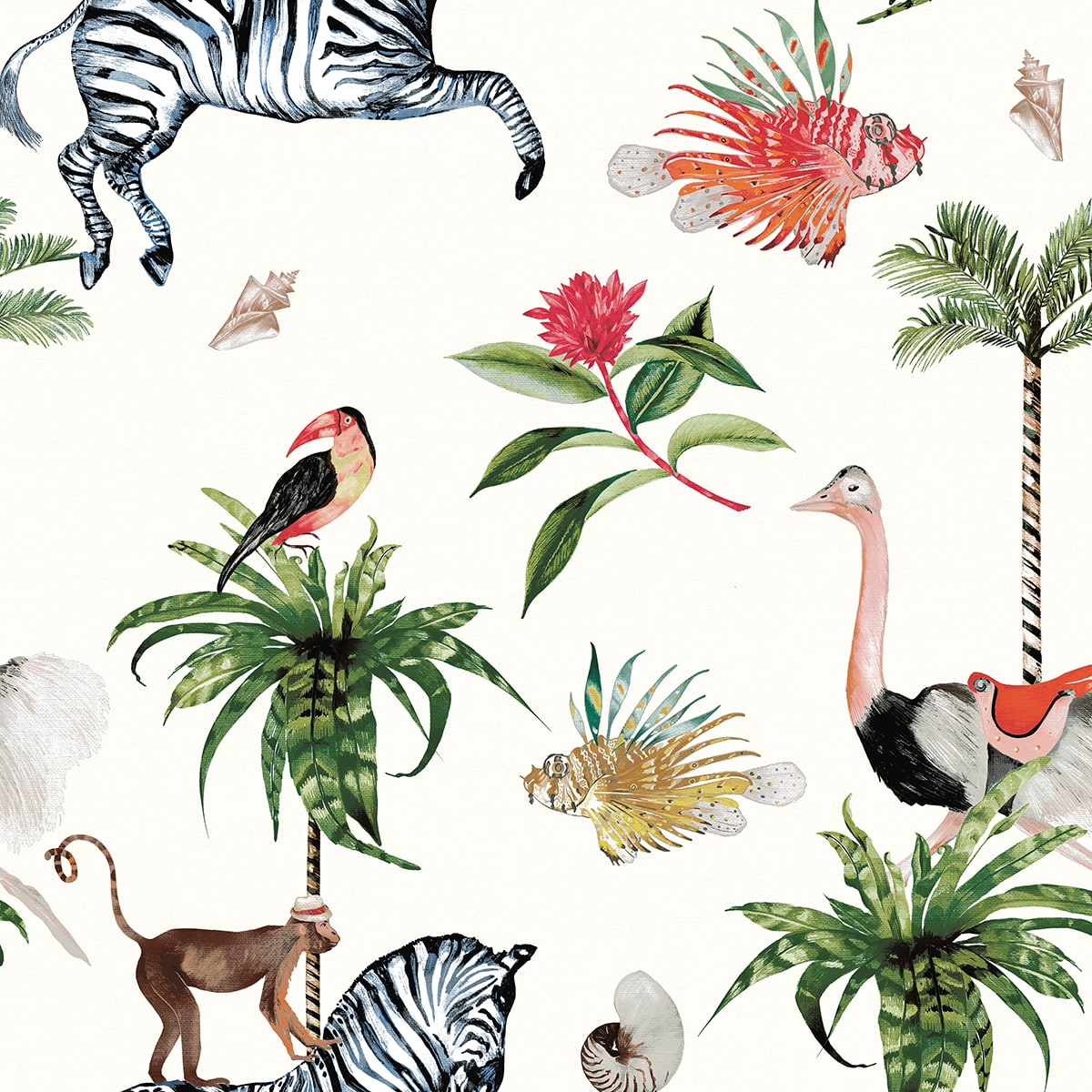 Merry Go Round cream wallpaper pattern with zebras, tropical birds, palms and carousel-inspired details