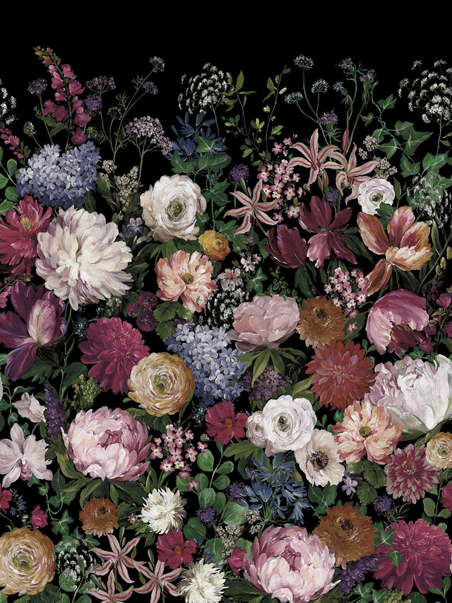 Garden Floral mural in charcoal with painterly flowers in pinks, purples, whites, and greens on a dark background.