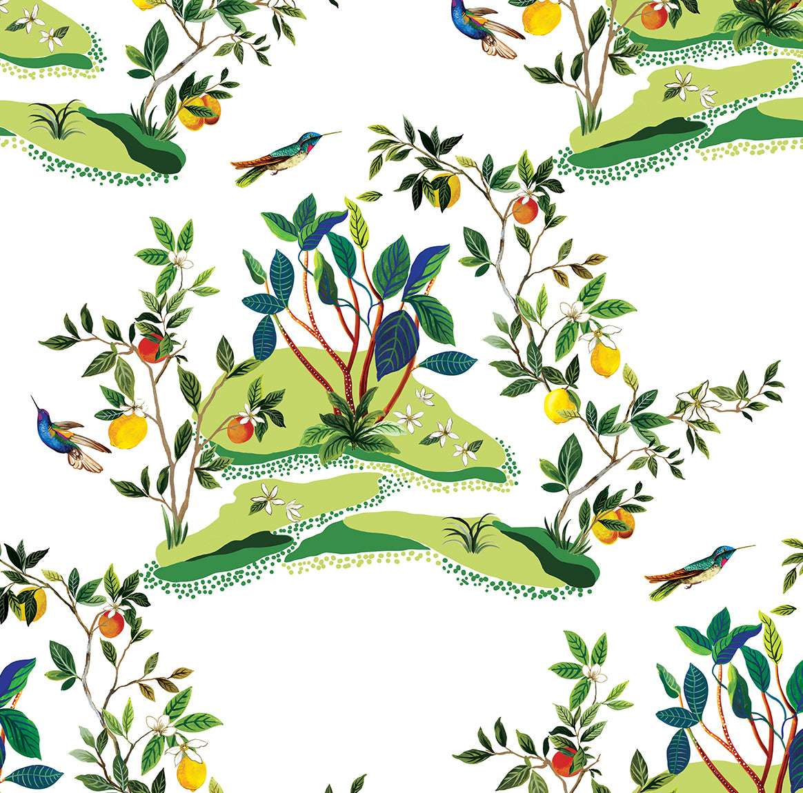 Citrus Hummingbird wallpaper with colorful hummingbirds, citrus branches, and green foliage on a white background.