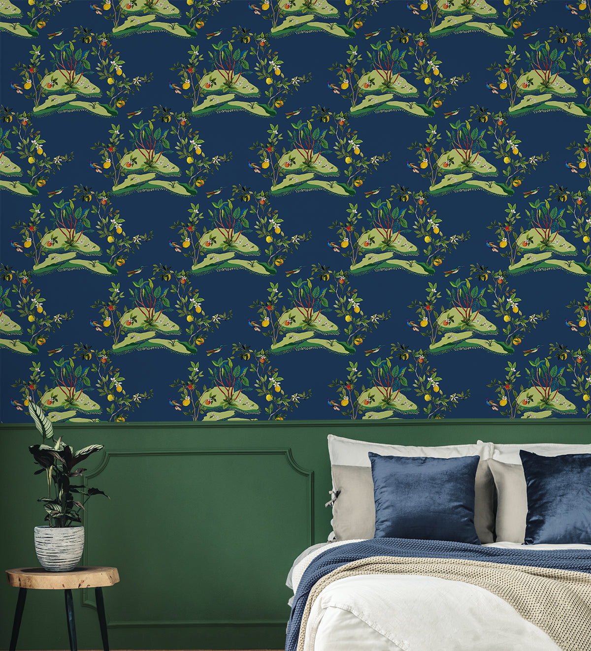 Citrus Hummingbird Navy Blue by West Boulevard Collection Hummingbird Botanical Wallpaper – Daisy Bennett Designs DBW9002