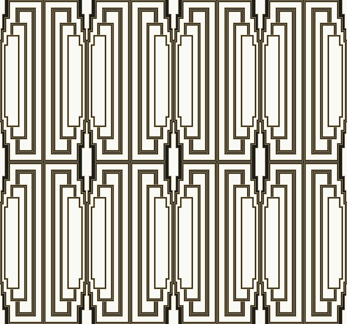 Art Deco geometric wallpaper in black and off-white with nested rectangular motifs, Manhattan pattern.