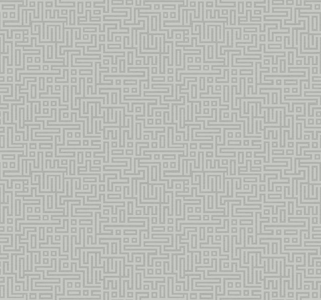 Rockefellar Maze geometric maze pattern wallpaper in slate grey with metallic finish