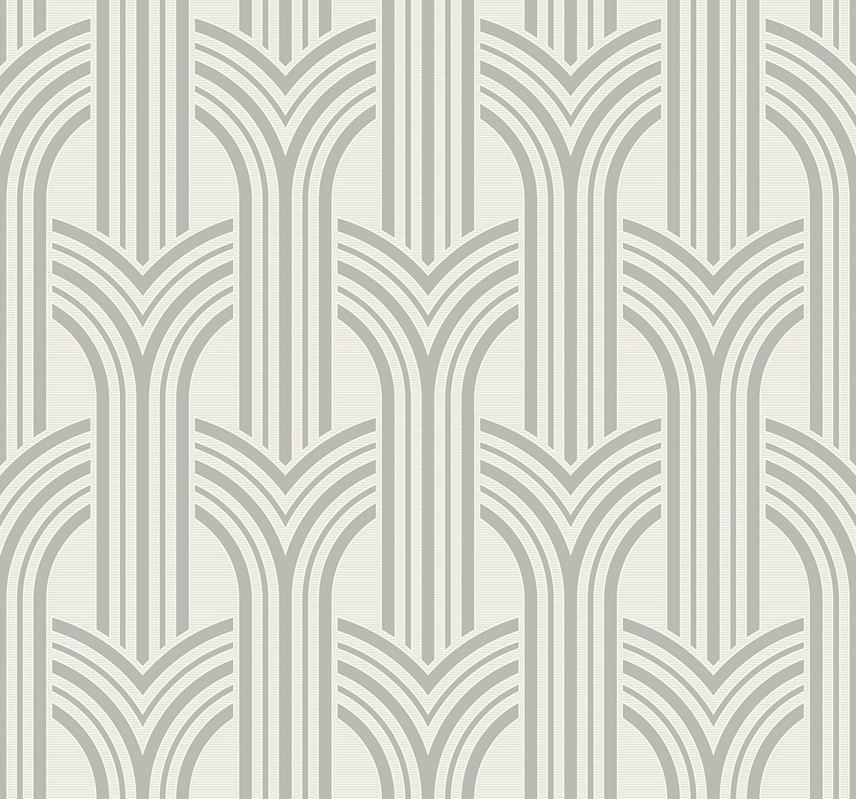 Broadway Arches chrome metallic geometric wallpaper pattern with repeating art deco arches.