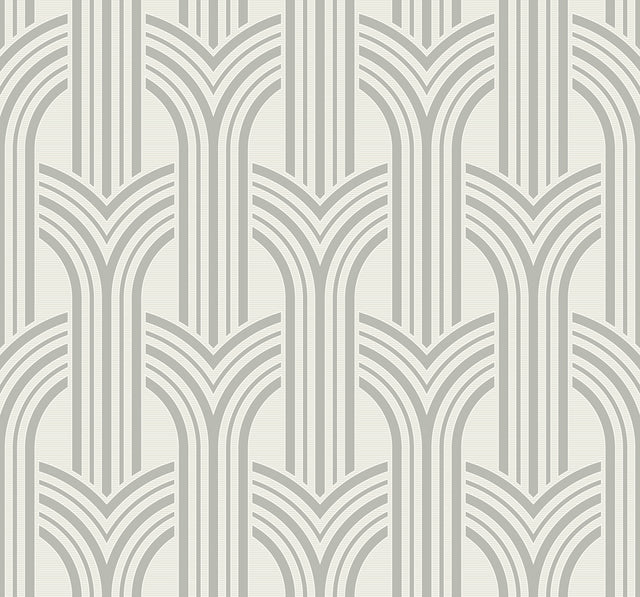 Broadway Arches chrome metallic geometric wallpaper pattern with repeating art deco arches.
