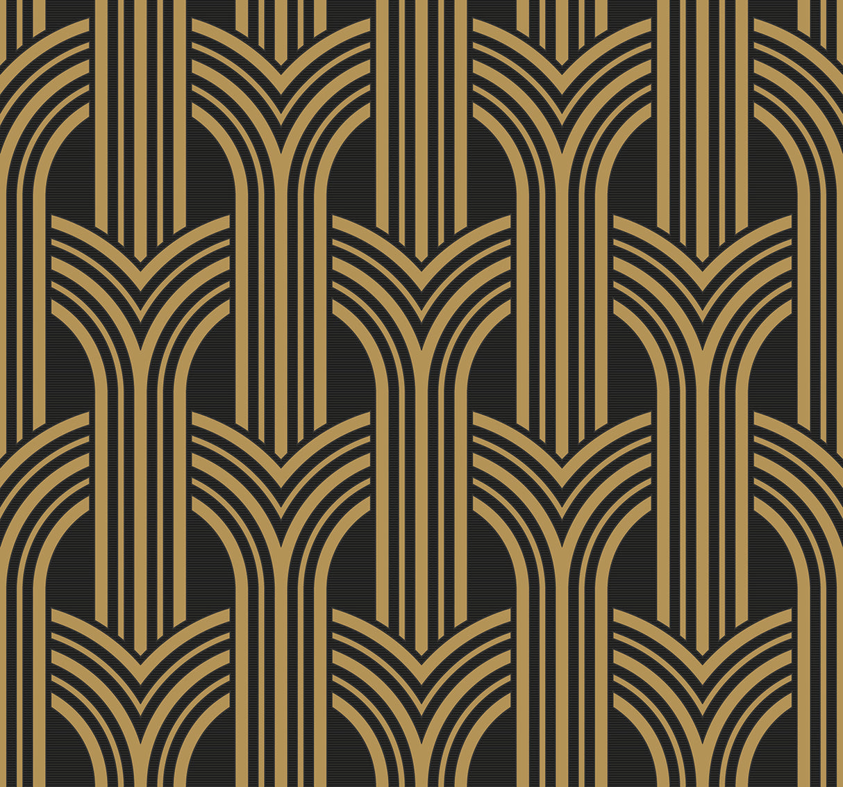 Broadway Arches wallpaper in antique gold metallic on black, geometric art deco arch pattern