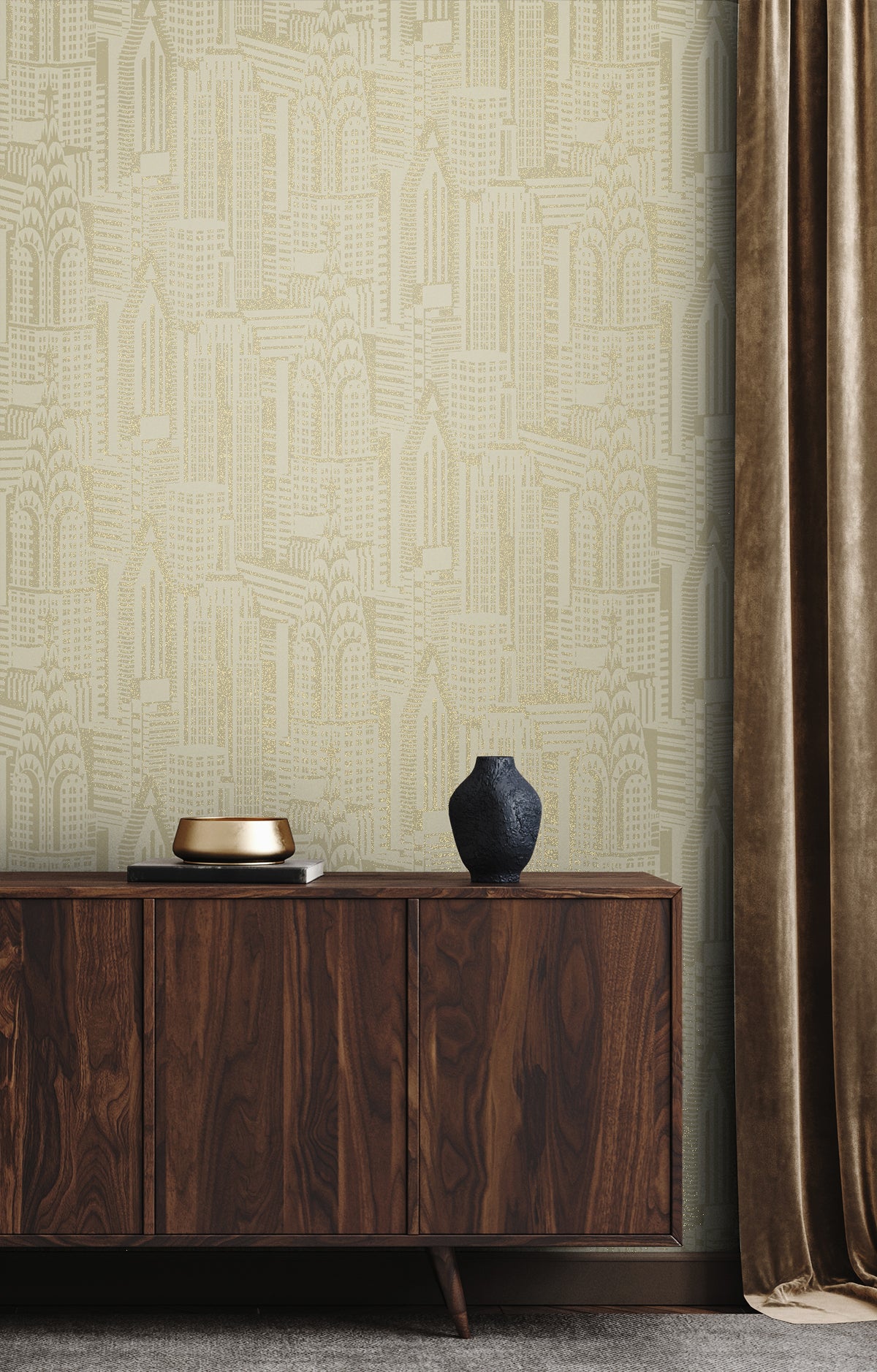 Manhattan Skyline Aurum by Deco 2 Metallic Cityscape Wallpaper – Collins & Company DC61503 -Sample
