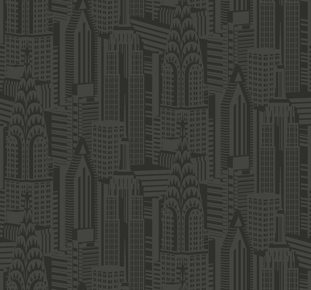 Dark Manhattan skyline wallpaper pattern in black and charcoal with glossy finish