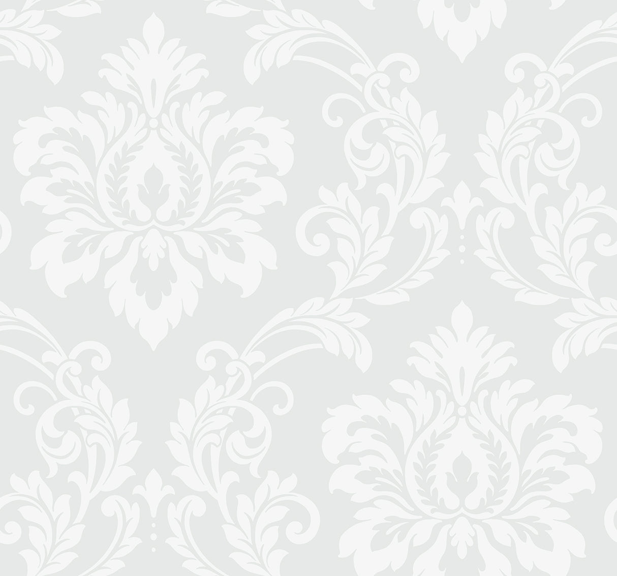 Deco Damask wallpaper in Frosty off-white with a contemporary damask motif and matte finish