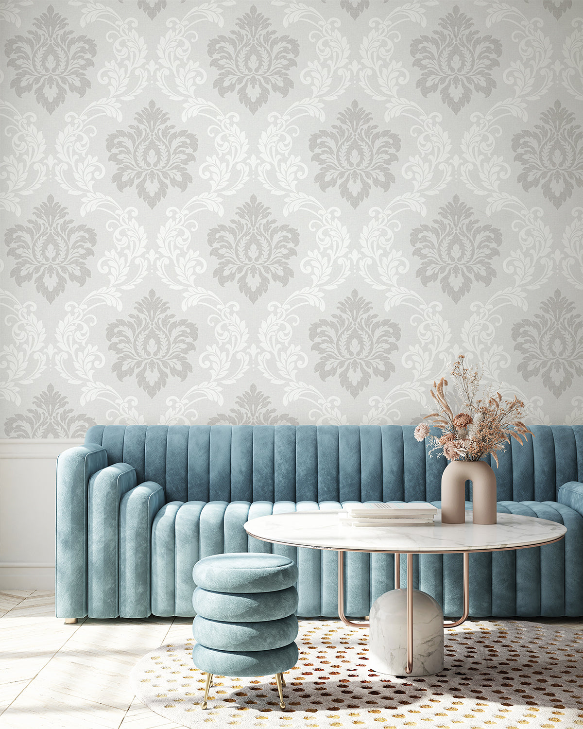 Deco Damask Cool Mist by Deco 2 Matte Damask Wallpaper – Collins & Company DC61608 -Sample