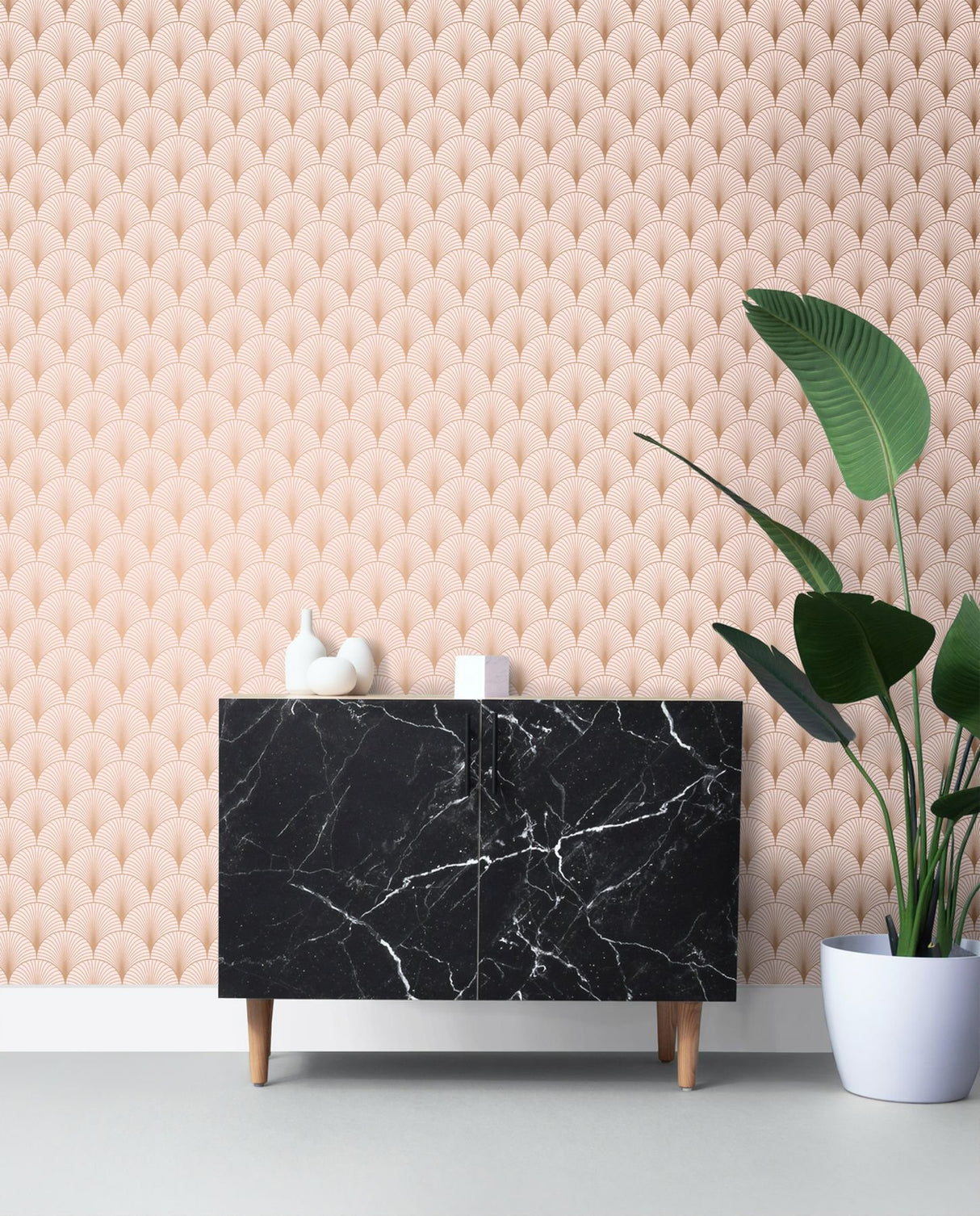 Lempicka Pink Art Deco Motif Wallpaper with Metallic Rose Gold Scalloped Geometric Pattern - ESTA Home DD139229
