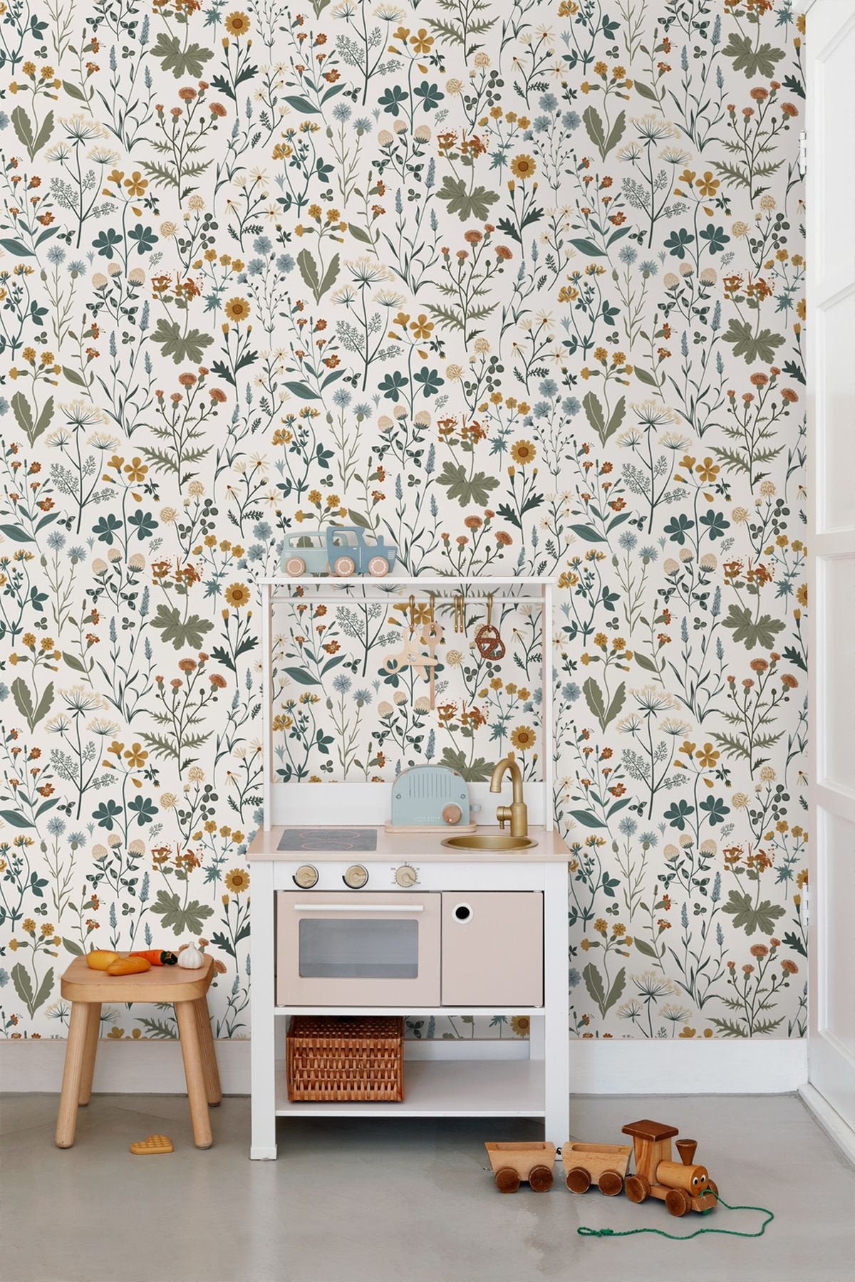 Fiore Blue Wildflowers Wallpaper with Botanical Scandinavian Motif - Brewster DD139391