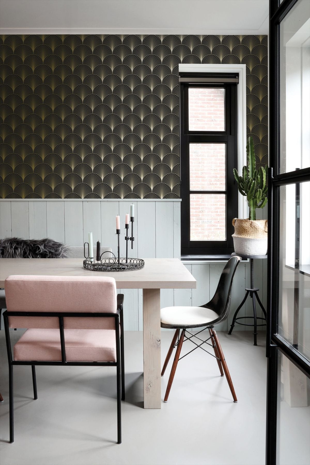 Lempicka Black Art Deco Motif Wallpaper with Metallic Gold Fan Geometric - ESTA Home DD139457
