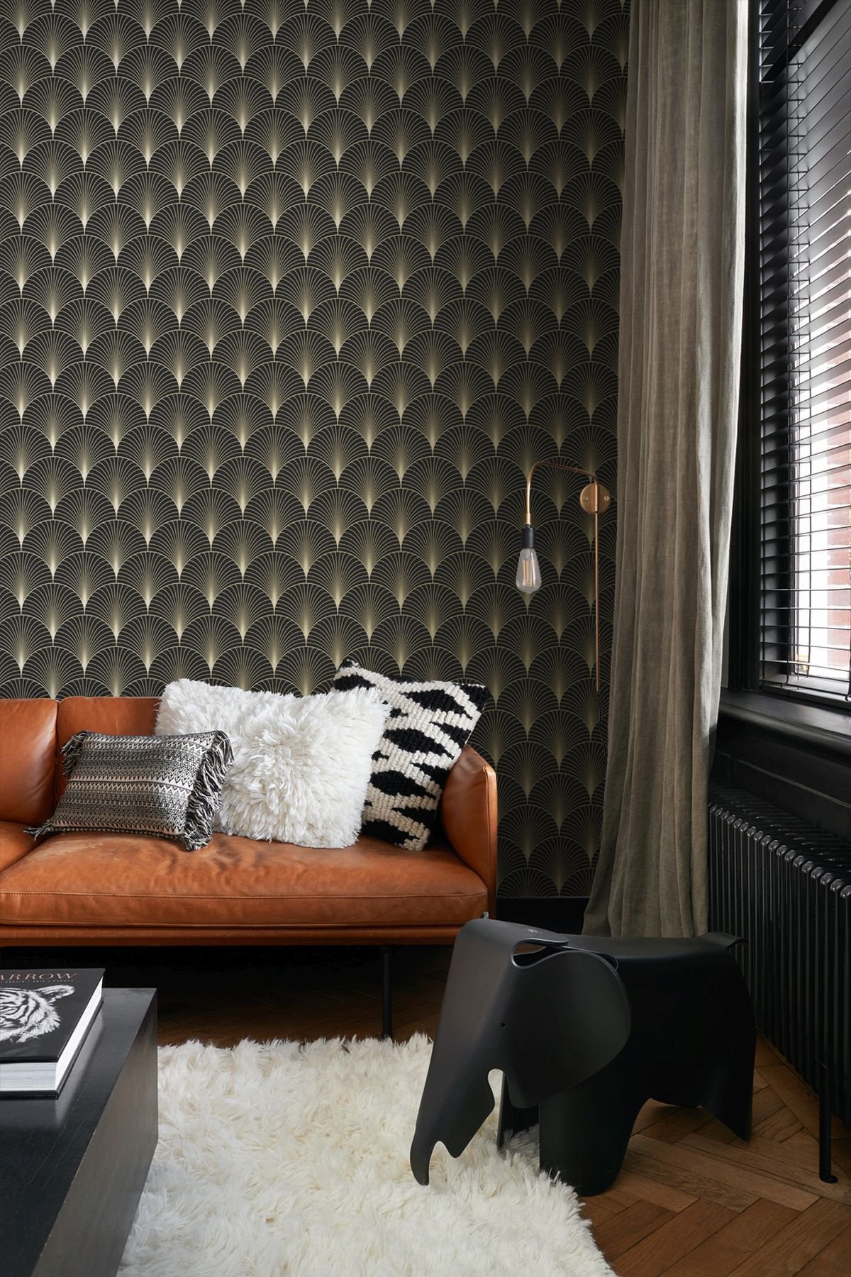 Lempicka Black Art Deco Motif Wallpaper with Metallic Gold Fan Geometric - ESTA Home DD139457