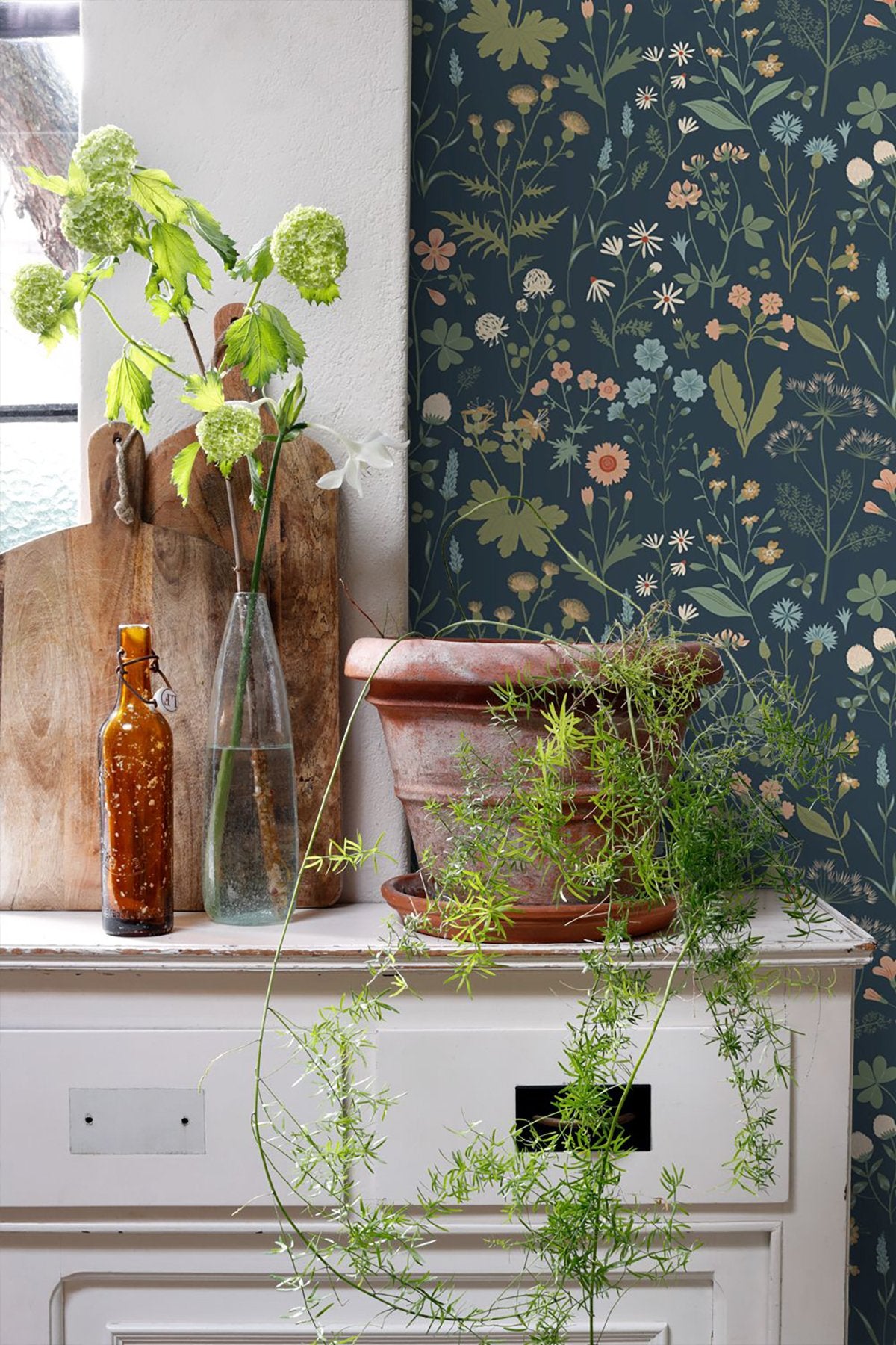 Letitia Indigo Summer Meadows Wallpaper with Whimsical Botanical Floral Pattern - ESTA Home DD139698