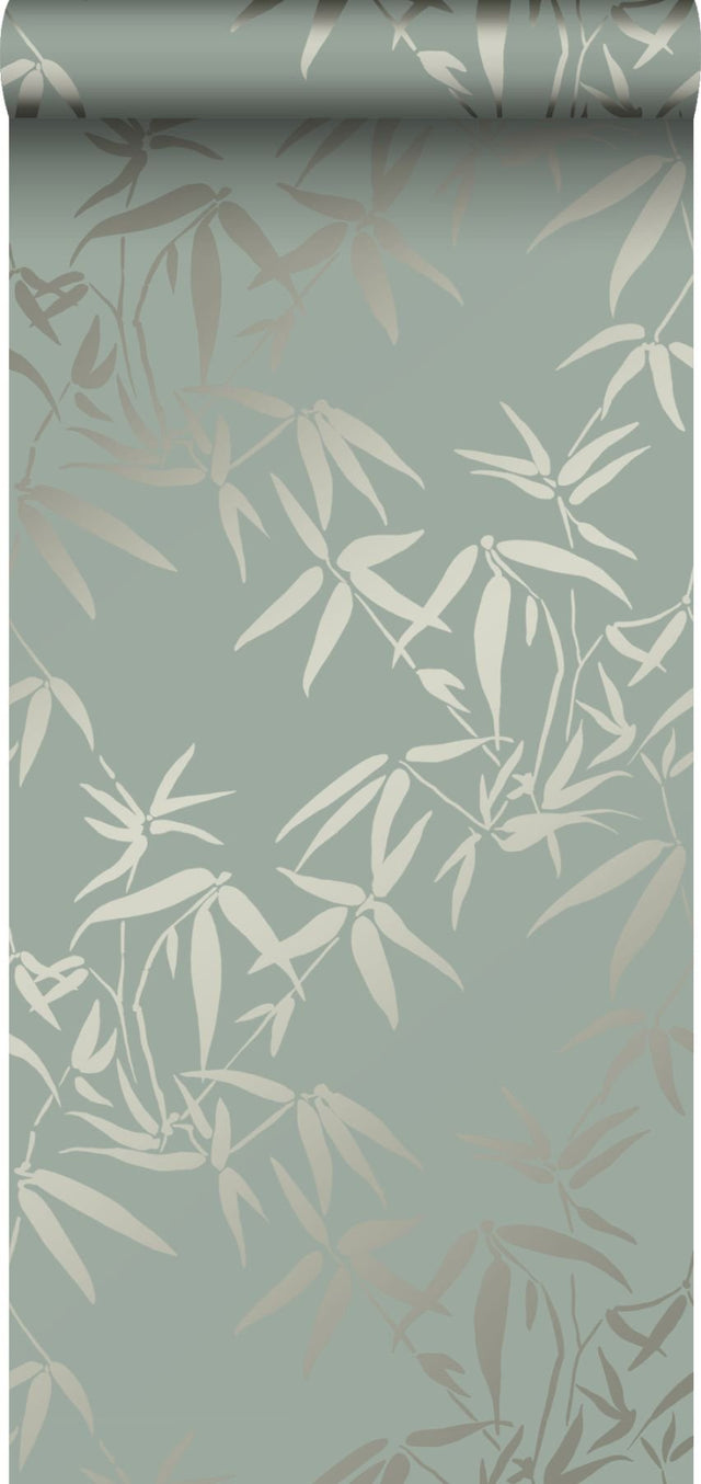 Guadua Green Bamboo Leaves Wallpaper with Metallic Botanical Pattern, Traditional Style - Origin DD347736