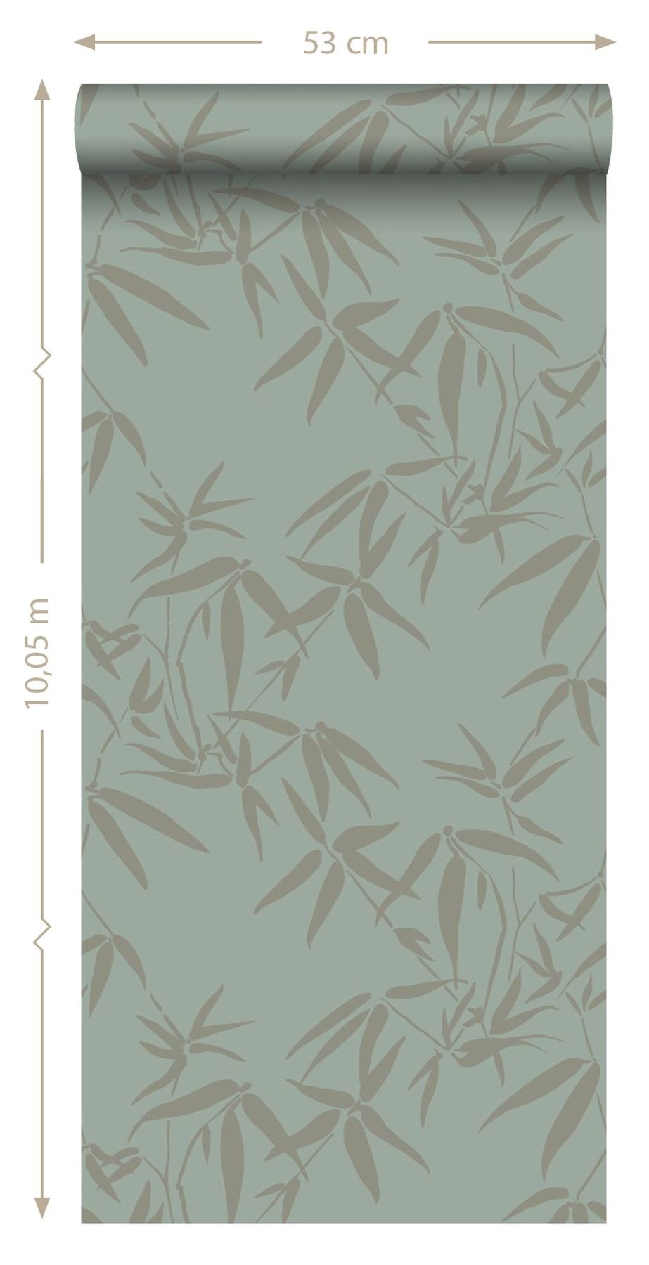 Guadua Green Bamboo Leaves Wallpaper with Metallic Botanical Pattern, Traditional Style - Origin DD347736