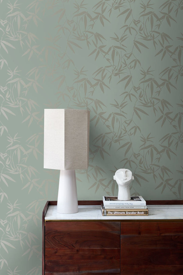 Guadua Green Bamboo Leaves Wallpaper with Metallic Botanical Pattern, Traditional Style - Origin DD347736