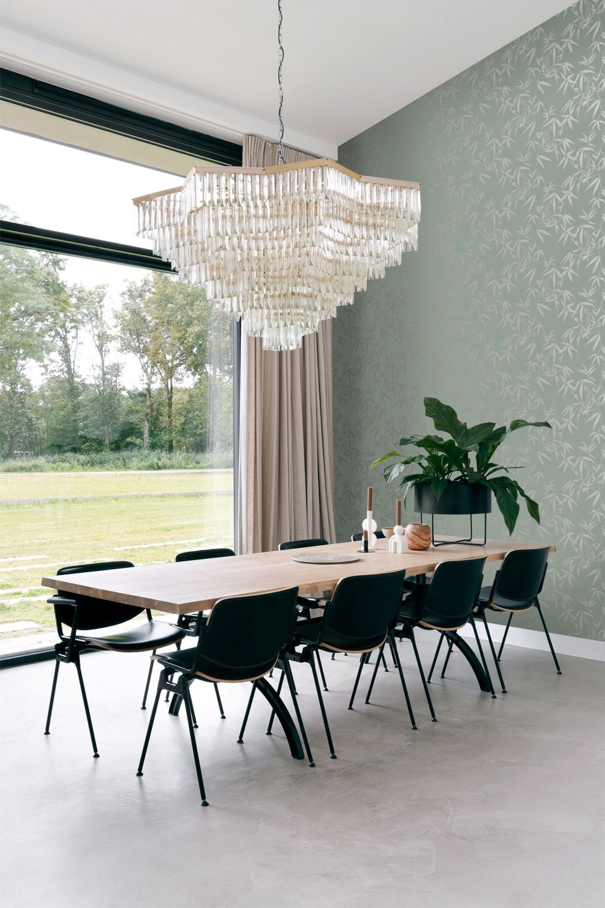 Guadua Green Bamboo Leaves Wallpaper with Metallic Botanical Pattern, Traditional Style - Origin DD347736