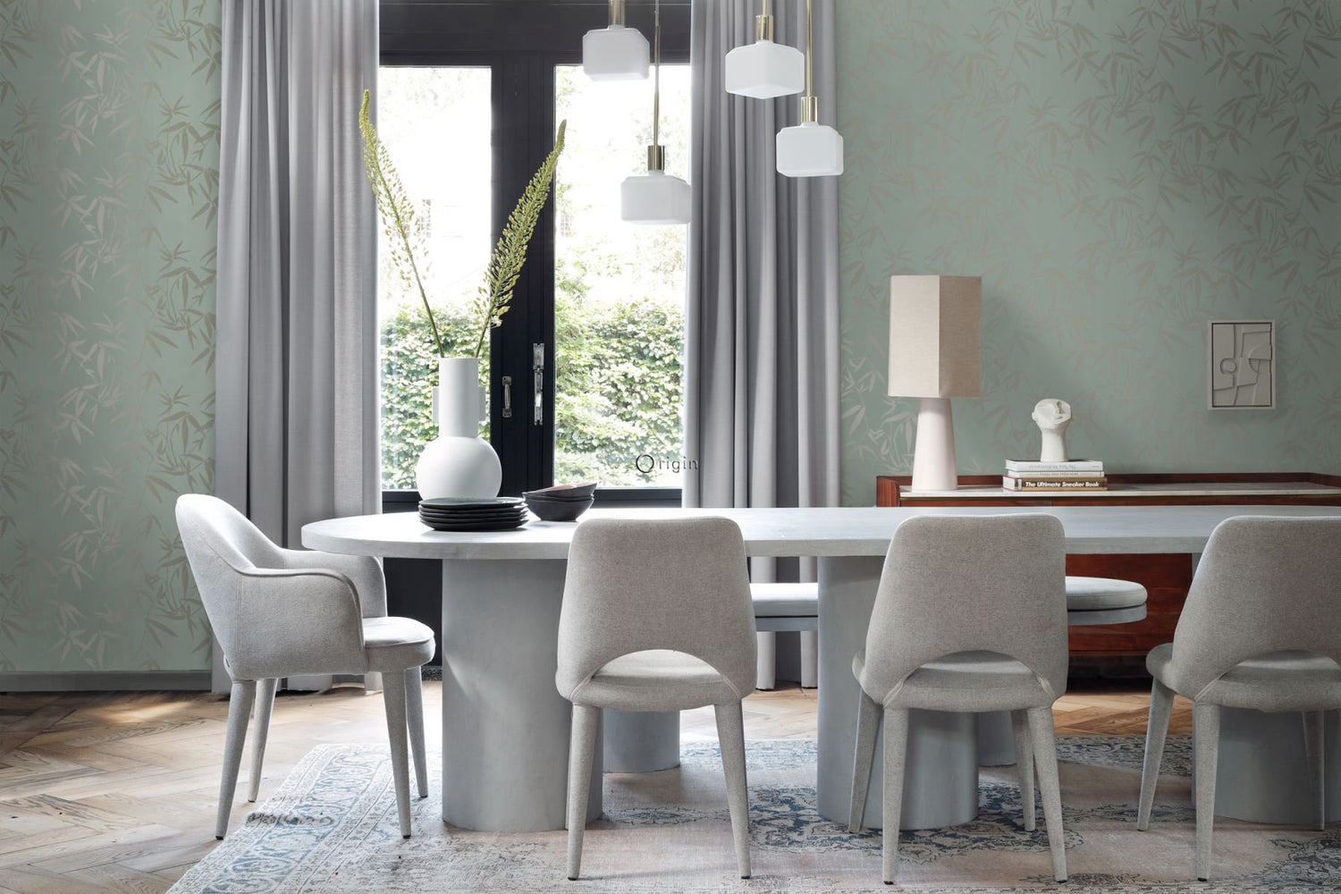 Guadua Green Bamboo Leaves Wallpaper with Metallic Botanical Pattern, Traditional Style - Origin DD347736