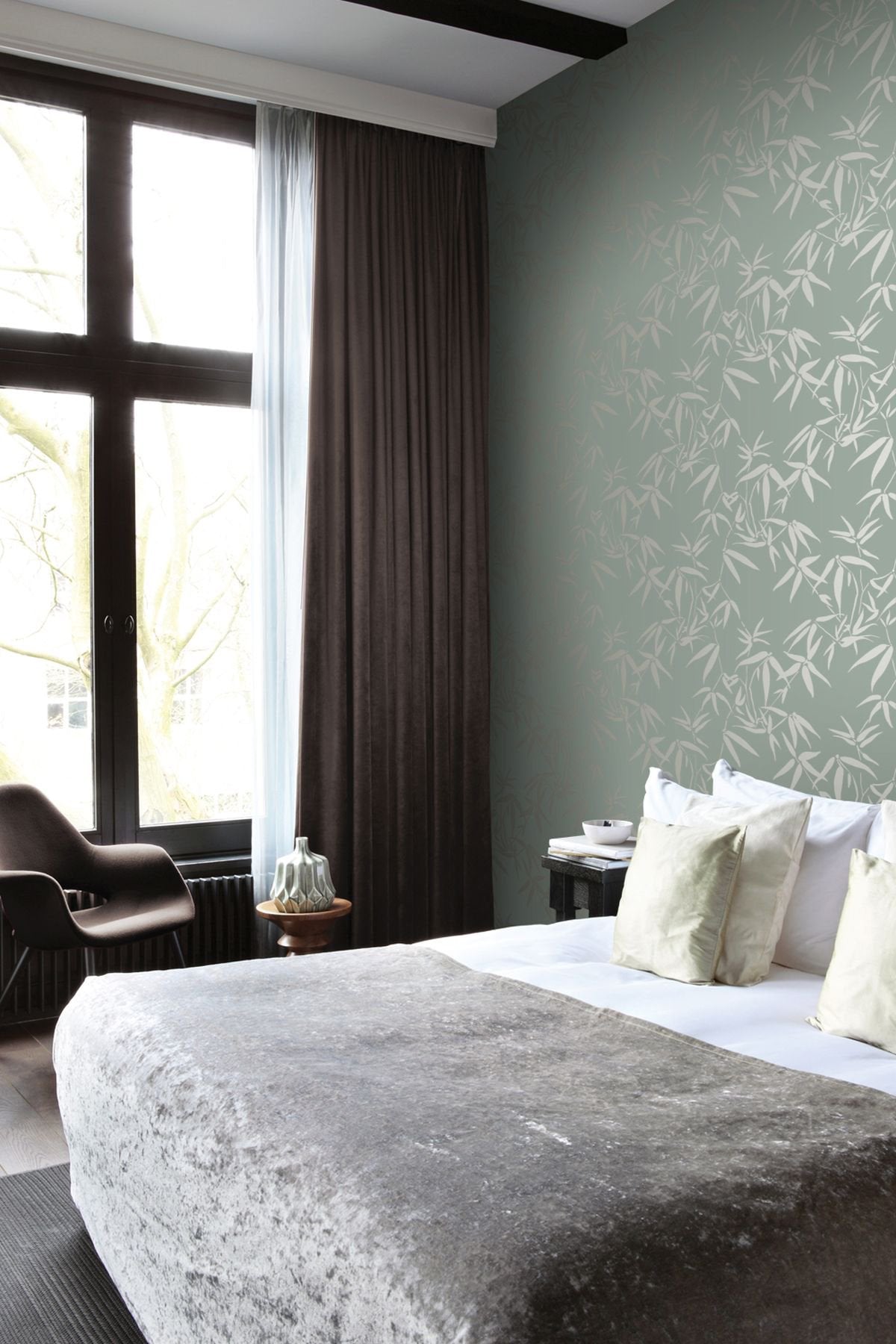 Guadua Green Bamboo Leaves Wallpaper with Metallic Botanical Pattern, Traditional Style - Origin DD347736