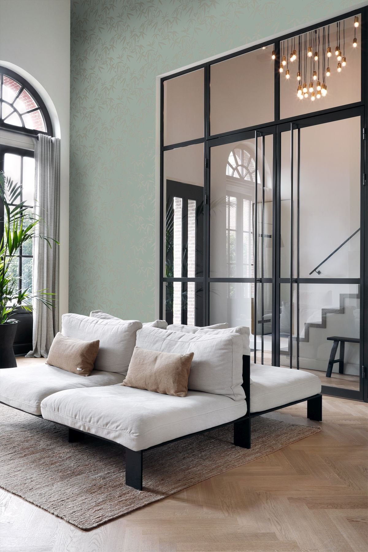 Guadua Green Bamboo Leaves Wallpaper with Metallic Botanical Pattern, Traditional Style - Origin DD347736