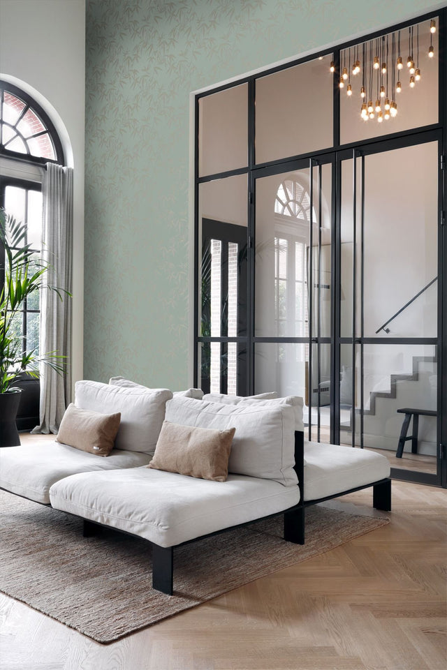 Guadua Green Bamboo Leaves Wallpaper with Metallic Botanical Pattern, Traditional Style - Origin DD347736