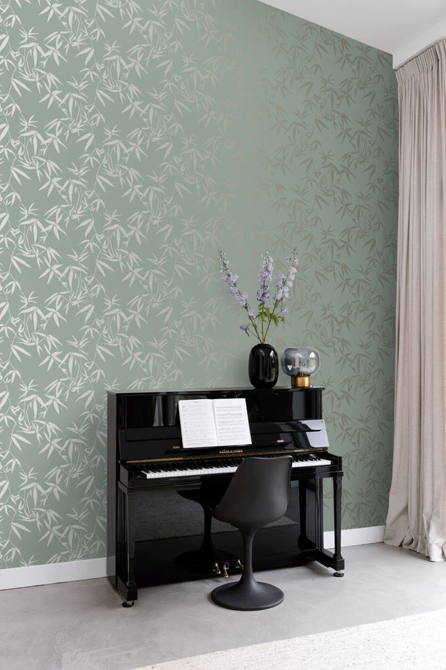 Guadua Green Bamboo Leaves Wallpaper with Metallic Botanical Pattern, Traditional Style - Origin DD347736
