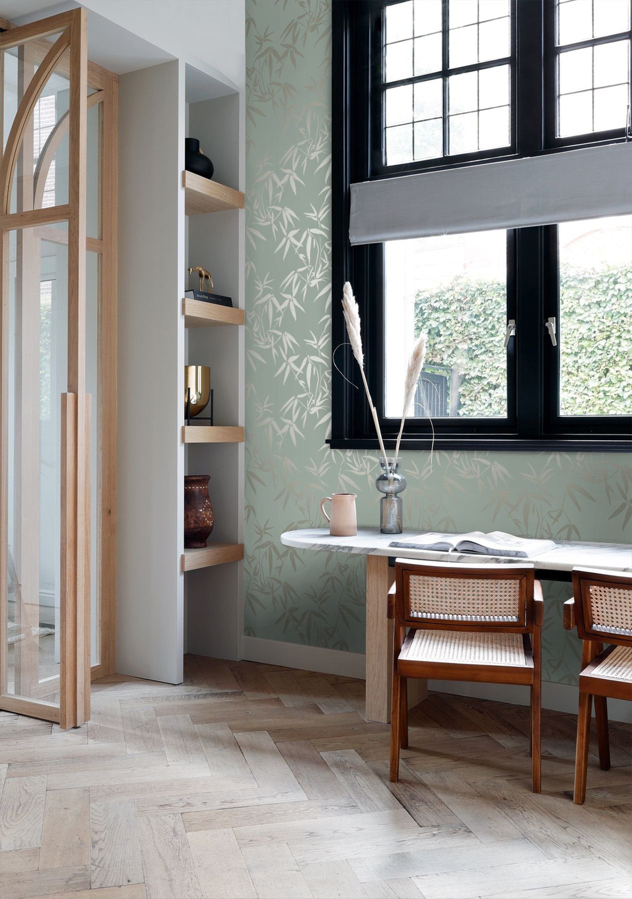 Guadua Green Bamboo Leaves Wallpaper with Metallic Botanical Pattern, Traditional Style - Origin DD347736