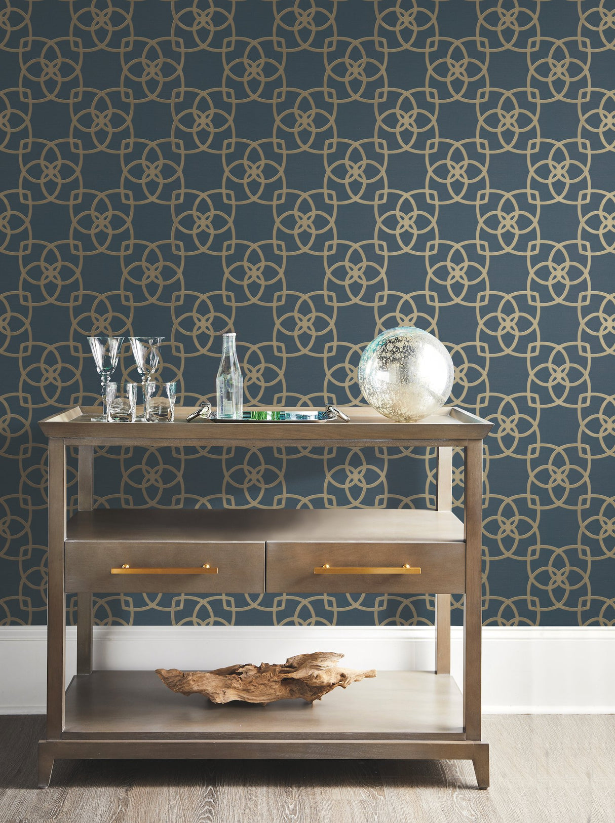 Serendipity Navy Wallpaper with Metallic Geometric Petal Lattice - York DD3711