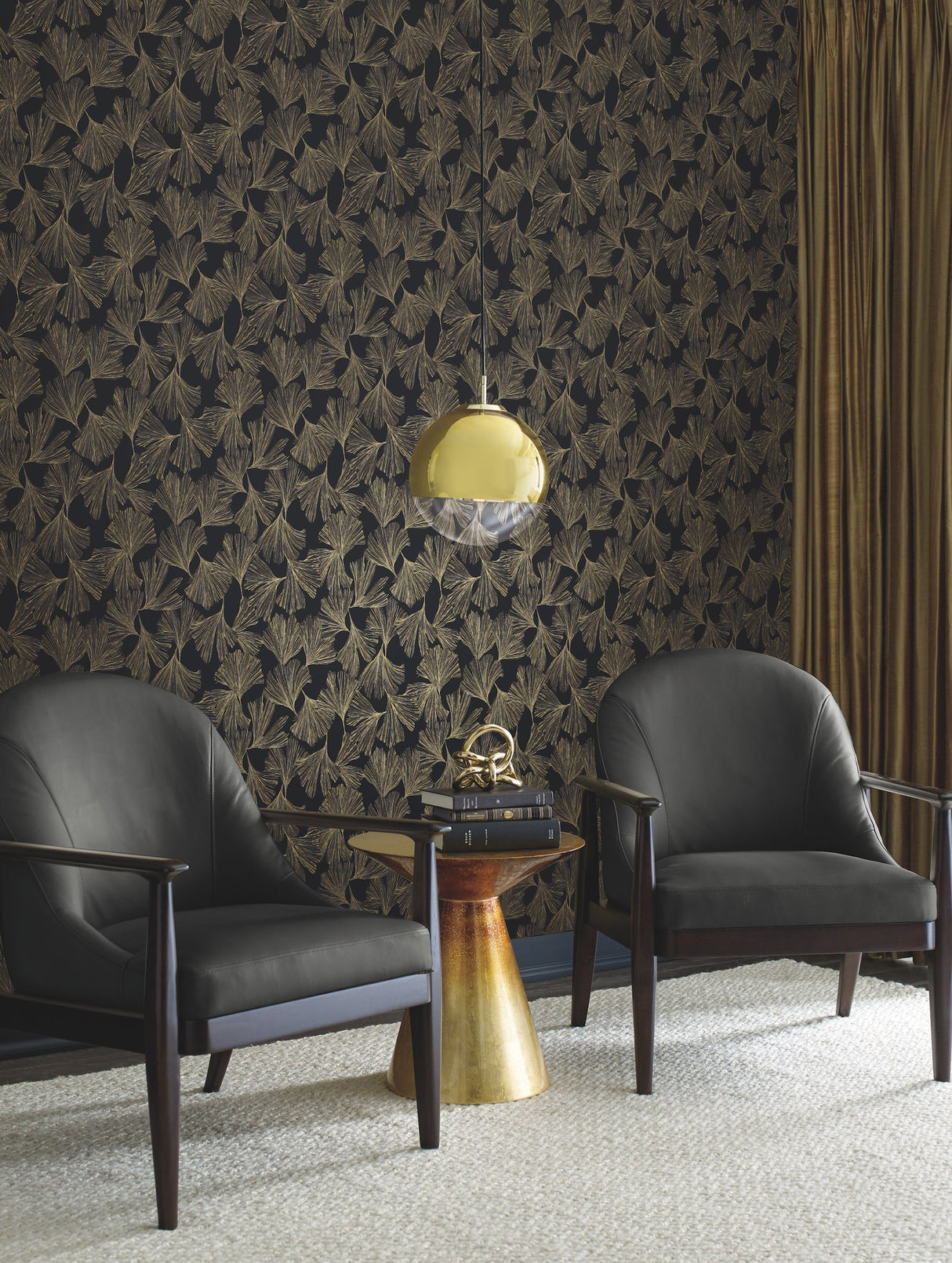 Gingko Toss Black Wallpaper with Metallic Botanical Leaf Pattern - York DD3742