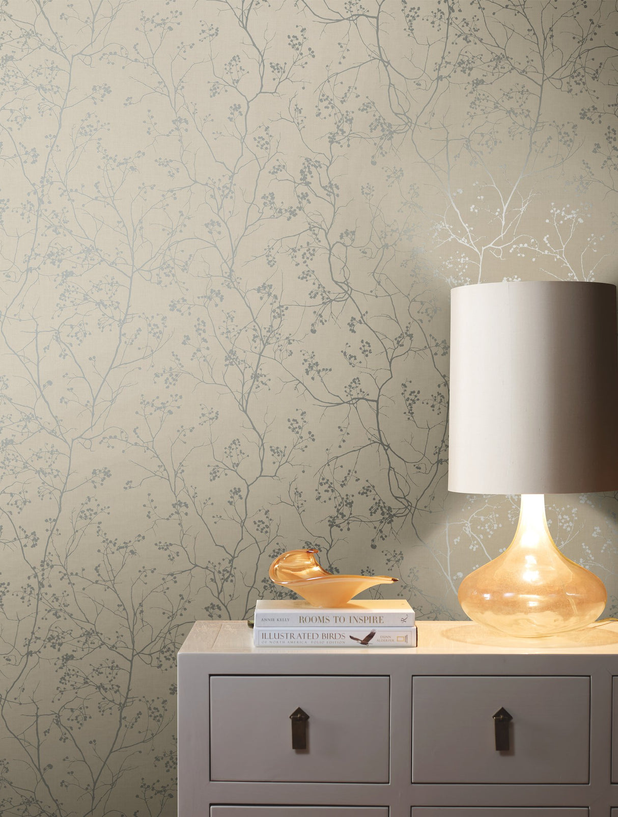 Luminous Branches Taupe & Silver Wallpaper with Metallic Botanical Branch Pattern - York DD3815