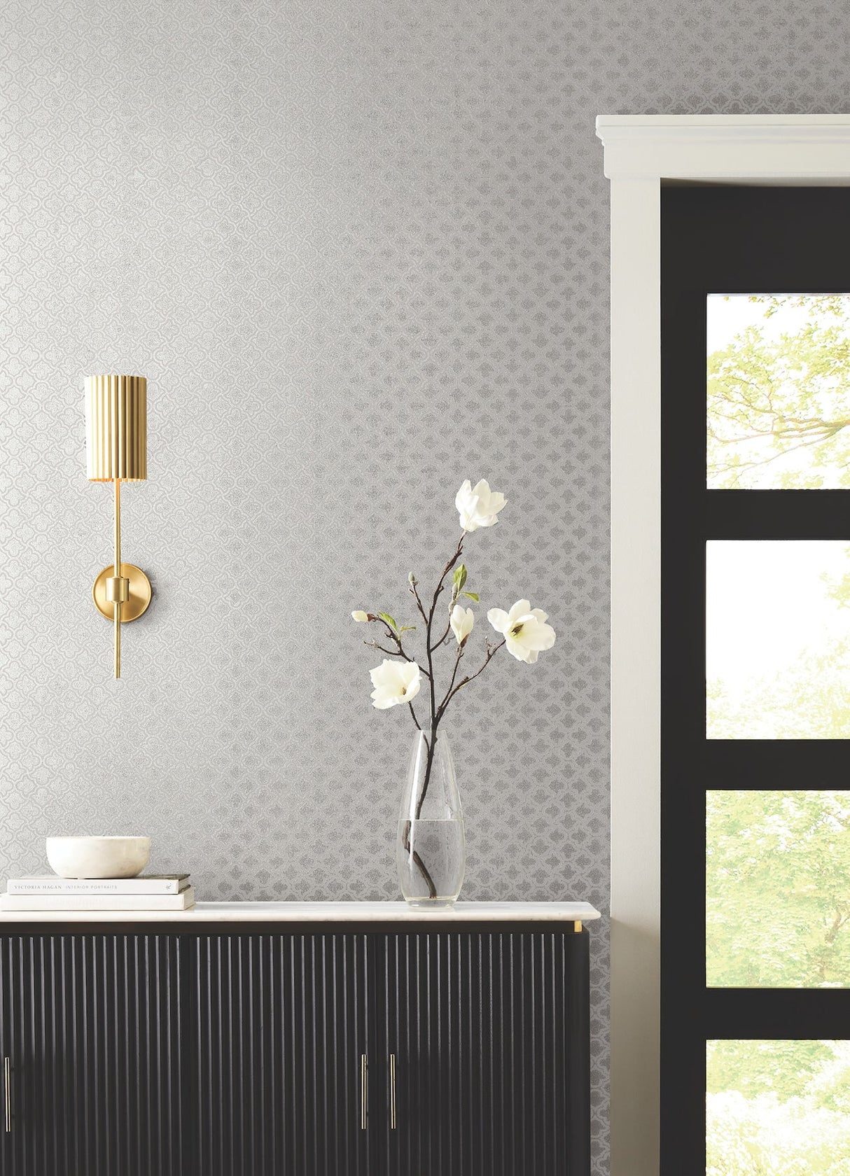 Uptown Glam White by Candice Olson Glass Bead Damask Wallpaper – York Designer Series DF3339