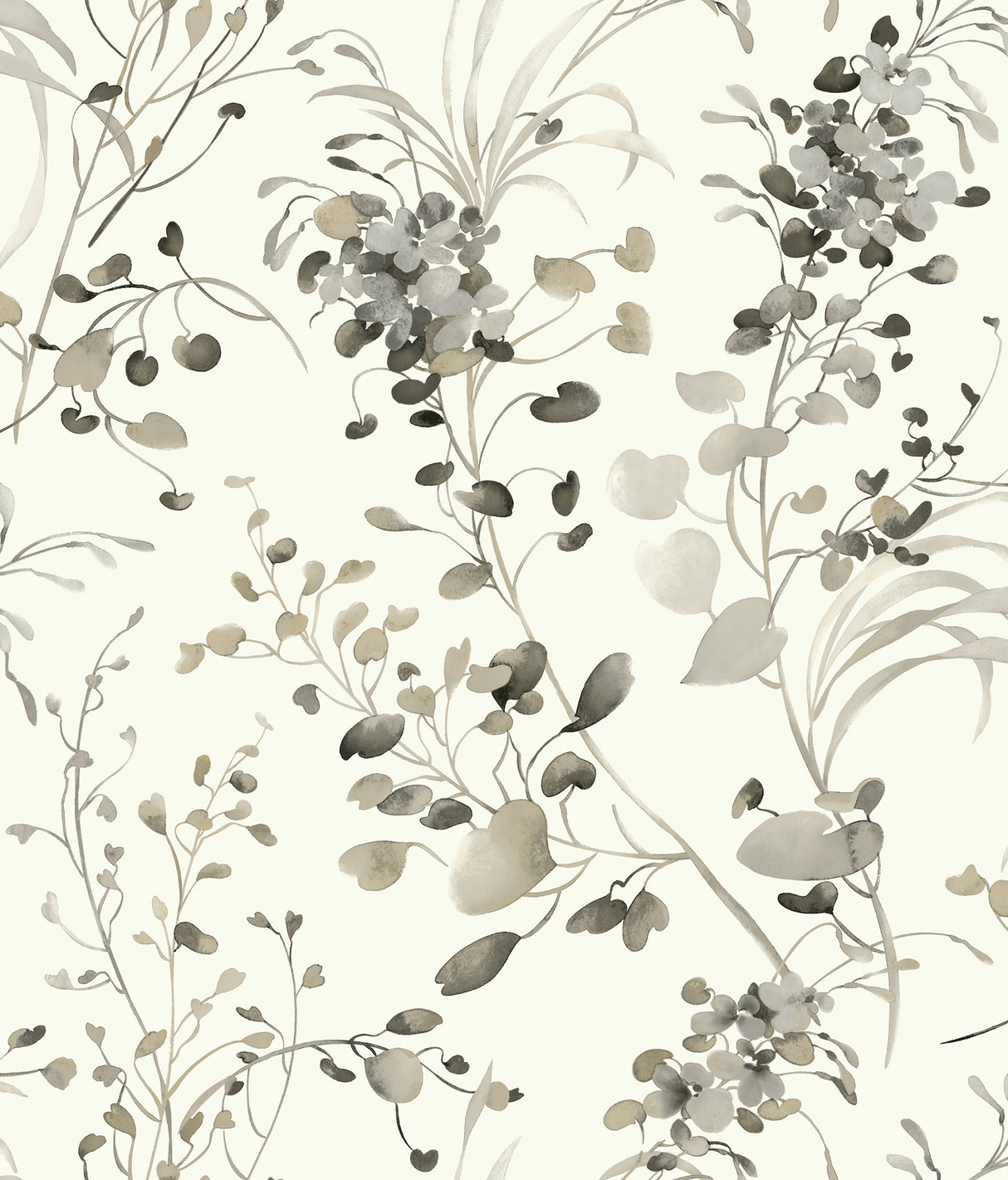 Spring Whispers Charcoal wallpaper by Candice Olson with watercolor leaves on off-white ground