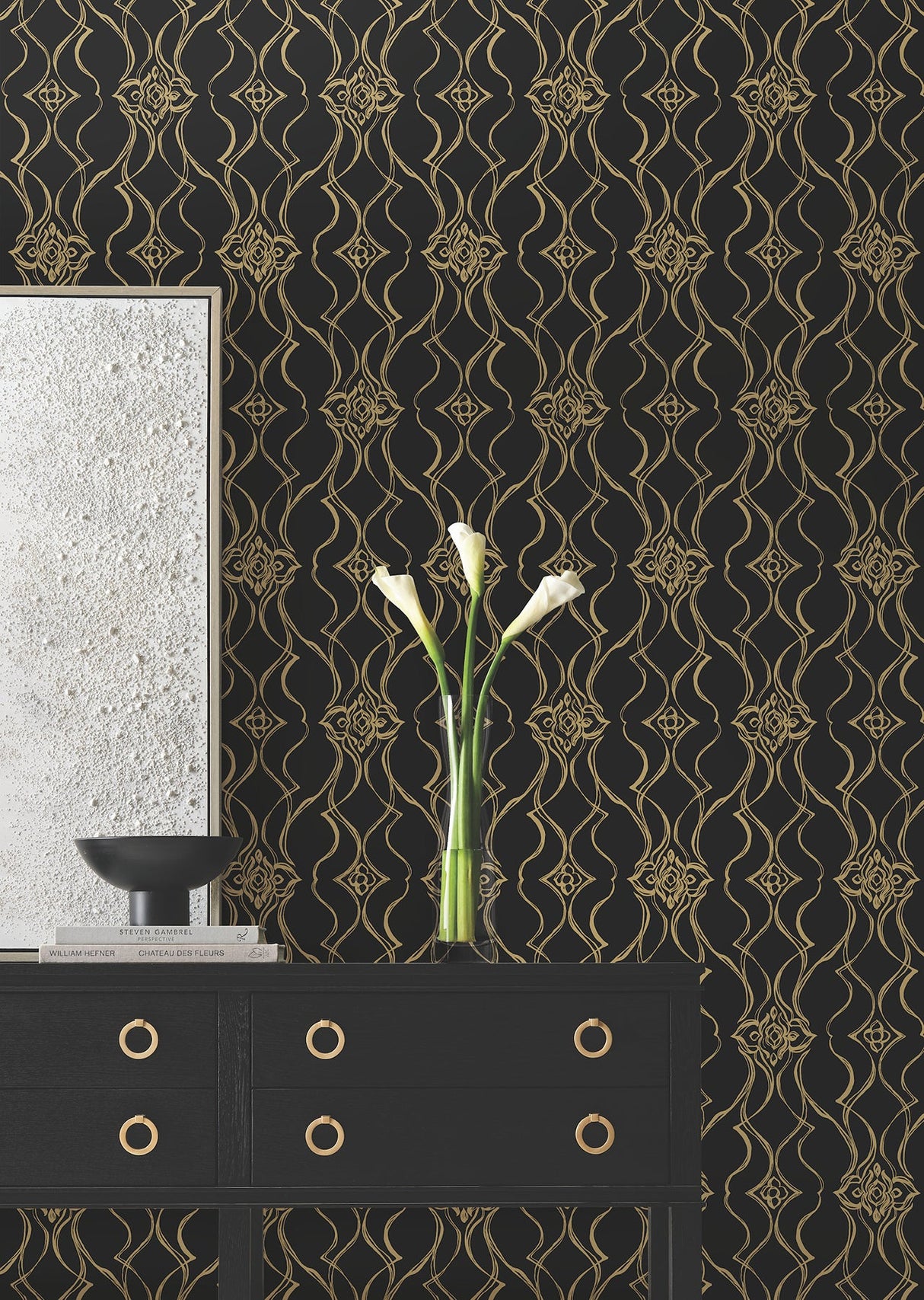 Pirouette Black & Gold by Candice Olson Damask Wallpaper – York Designer Series DF3371
