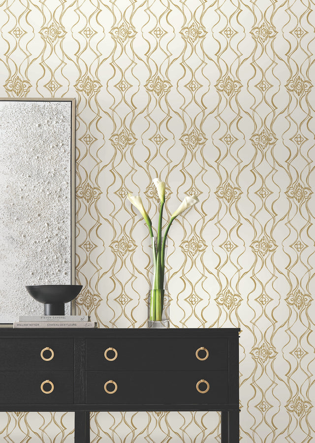 Pirouette White & Gold by Candice Olson Damask Wallpaper – York Designer Series DF3372